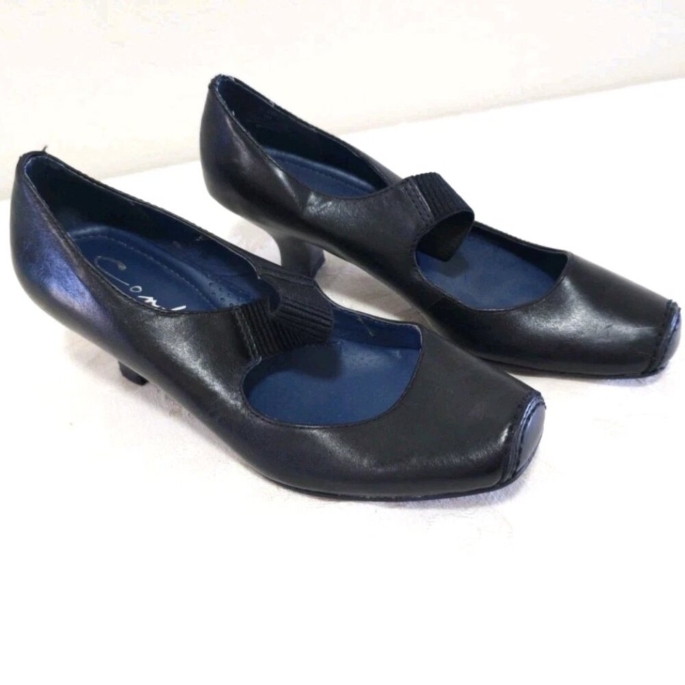 Contesa Italian Shoemakers Leather Pump Heels 6 M Black Stretch Strap Blunt Toe